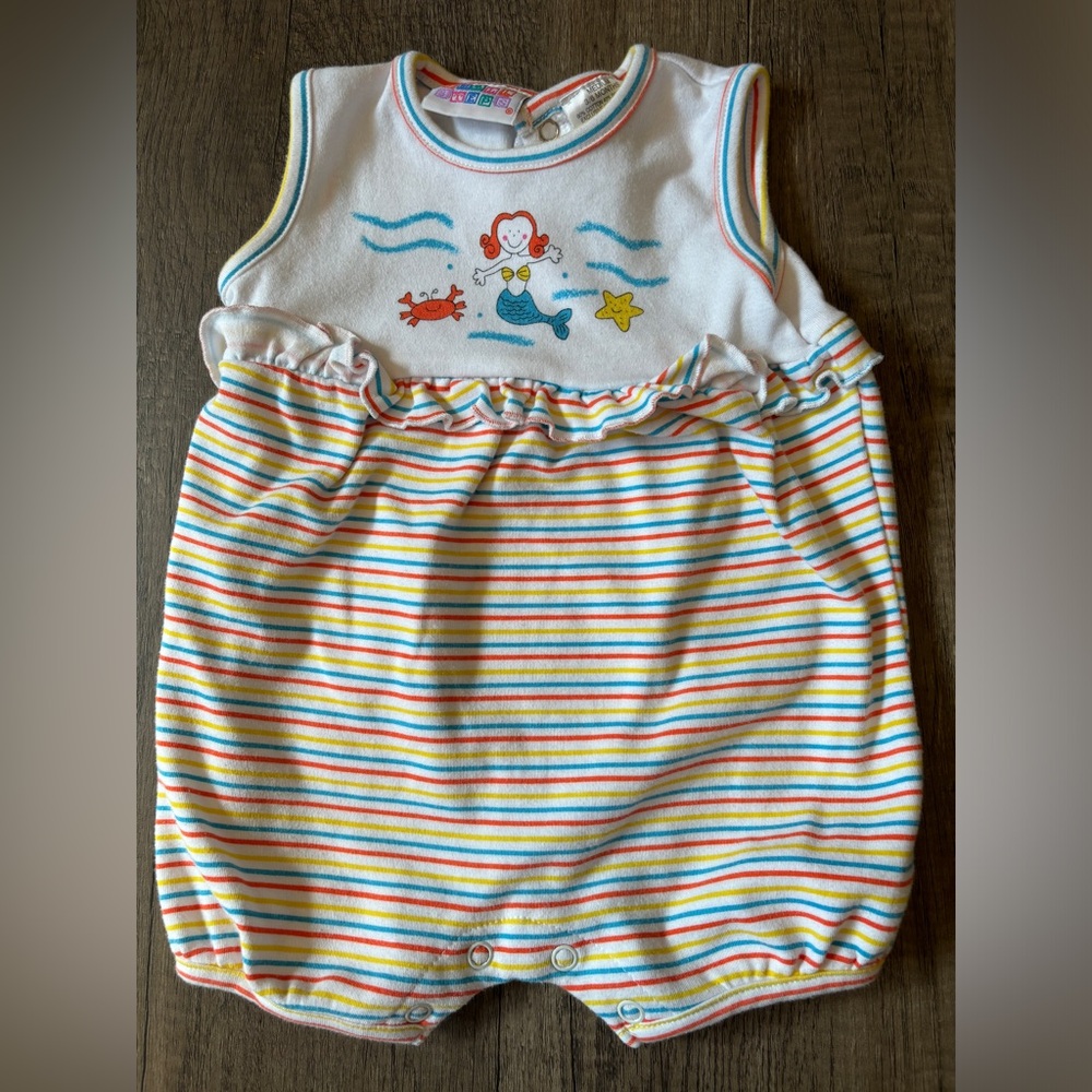 Vintage 90s 2000s Y2K Small Steps Baby Clothes Romper Striped Mermaid 3-6M